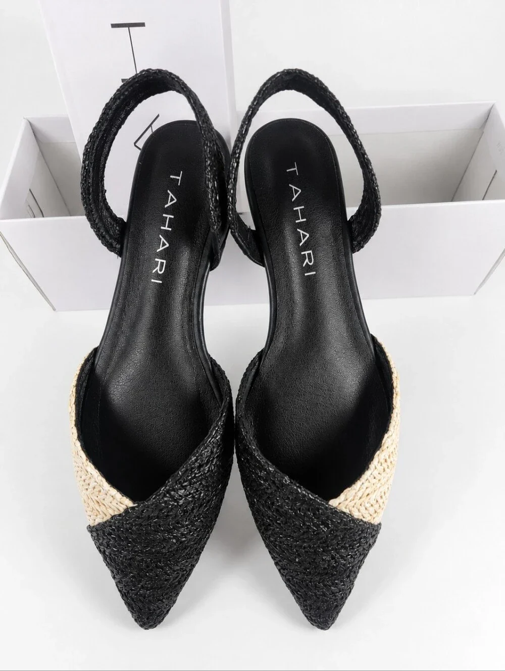 Tahari Rio Black Ivory Raffia Woven Slingback Flats Multiple Sizes